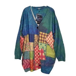 NWT YESNO Cottagecore Patchwork Cardigan Cotton Wool Kantha Button 3XL Colorful